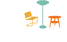 Logo til Pål sine møbler med tekst og en rørstol, en stålampe og et bord
