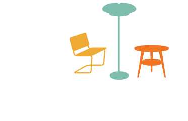 Logo til Pål sine møbler med tekst og en rørstol, en stålampe og et bord